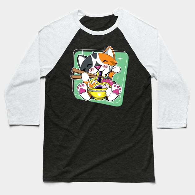 Cat Eating Ramen Non Binary Baseball T-Shirt by CuddleswithCatsArt